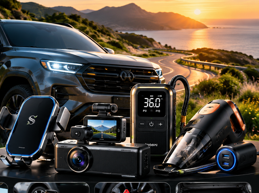 Synophea Automotive Gadgets collection image with a dark vehicle and useful automotive accessories
