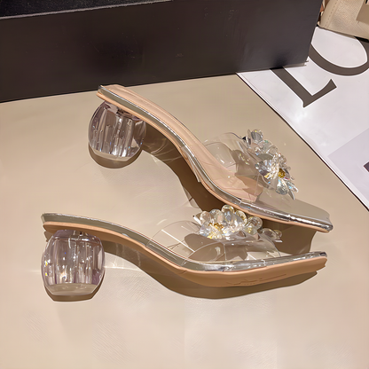 Crystal Flower Clear Heel Mules