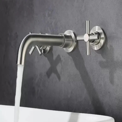 Brushed Silver Cross-Handle Wall Faucet